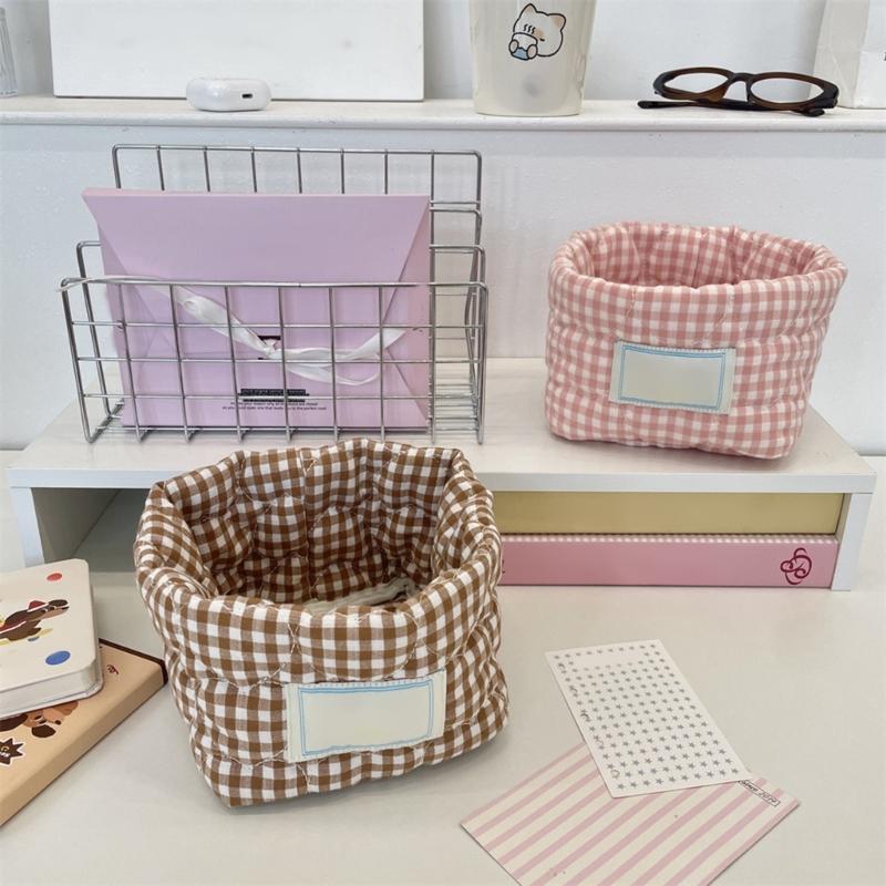 Checkered Pattern Storage Bin Multipurpose Cloth Organizers For Cosmetics Office Supplies Household Items Easy To Clean