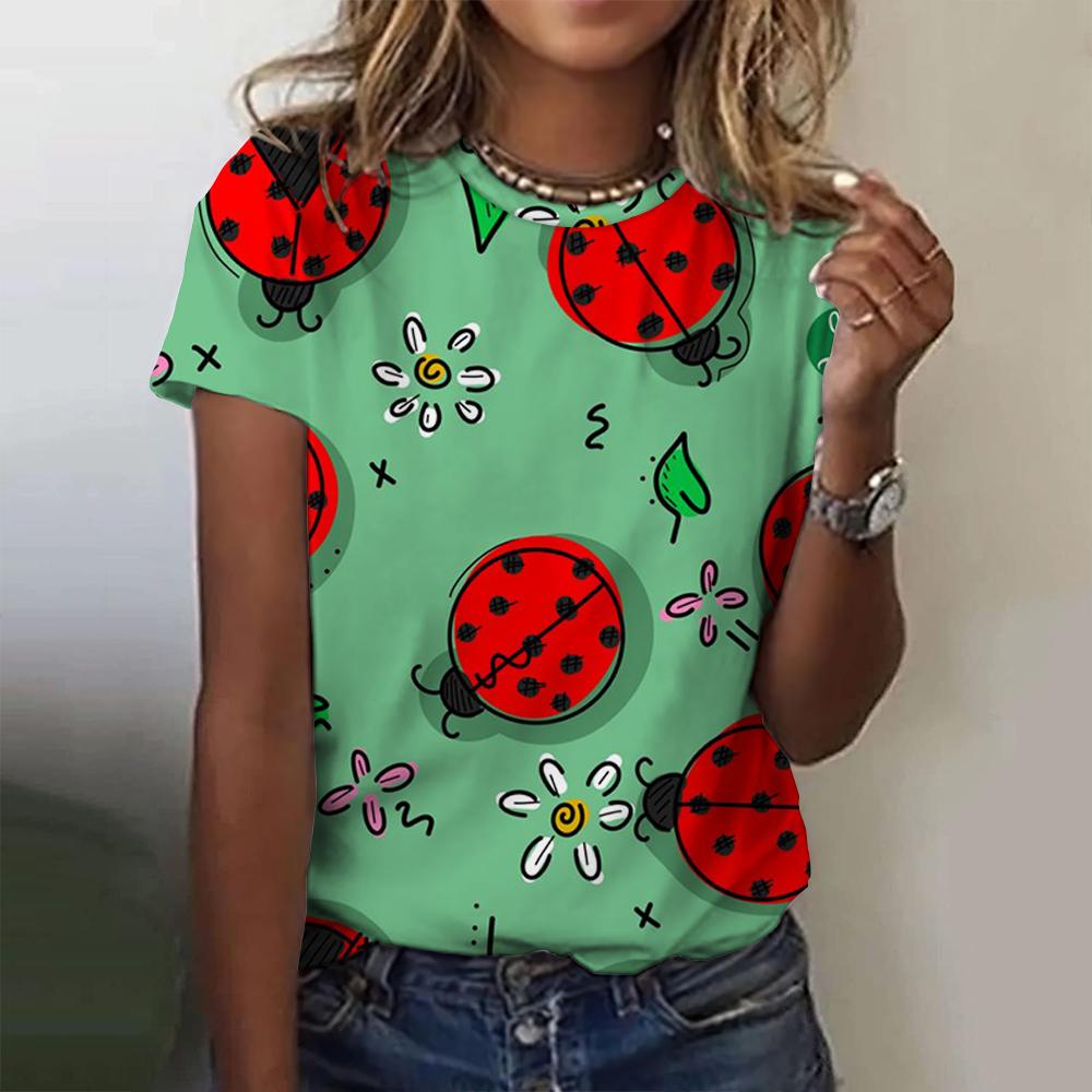 Summer Ladybug Floral 3D Print T-shirts Women Streetwear Casual Fashion Y2k Short Sleeve T Shirt O-neck Tees Tops Clothing