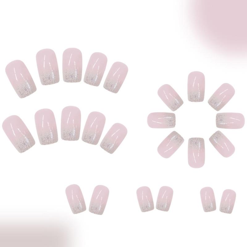 24 Pcs Short Square False Nail Gradient Full Cover Stick On Nail Glitters False Nail French Tip Press On Nail