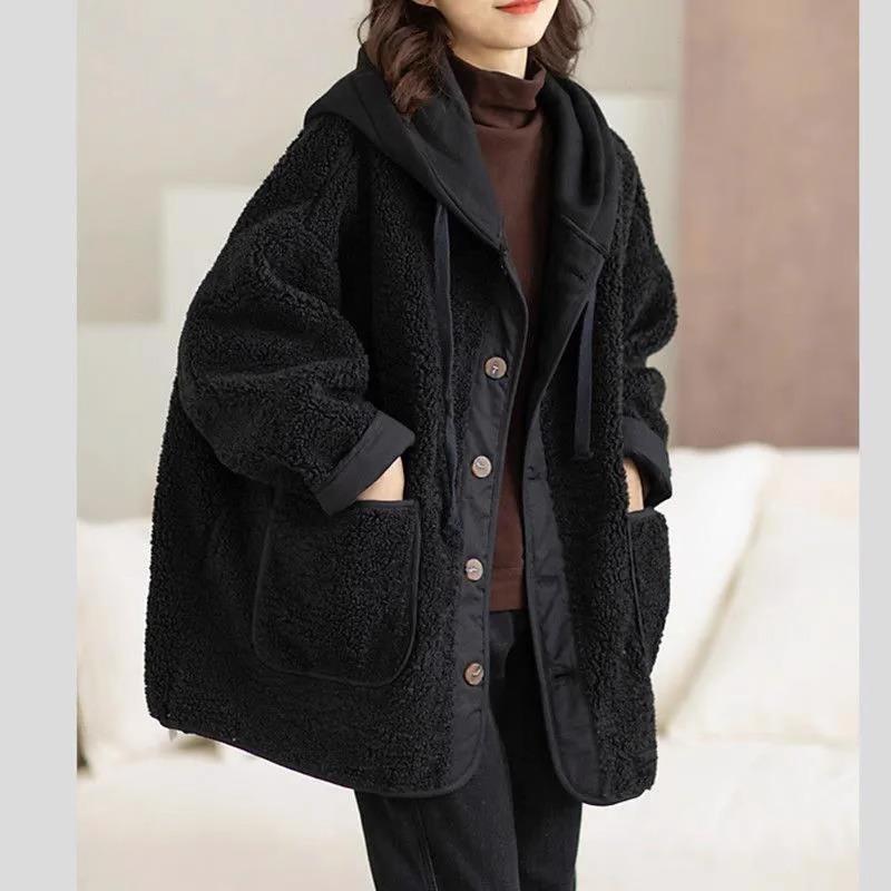 Oversized Hooded Lamb Wool Fleece Jacket with Patchwork Design and Button Closure