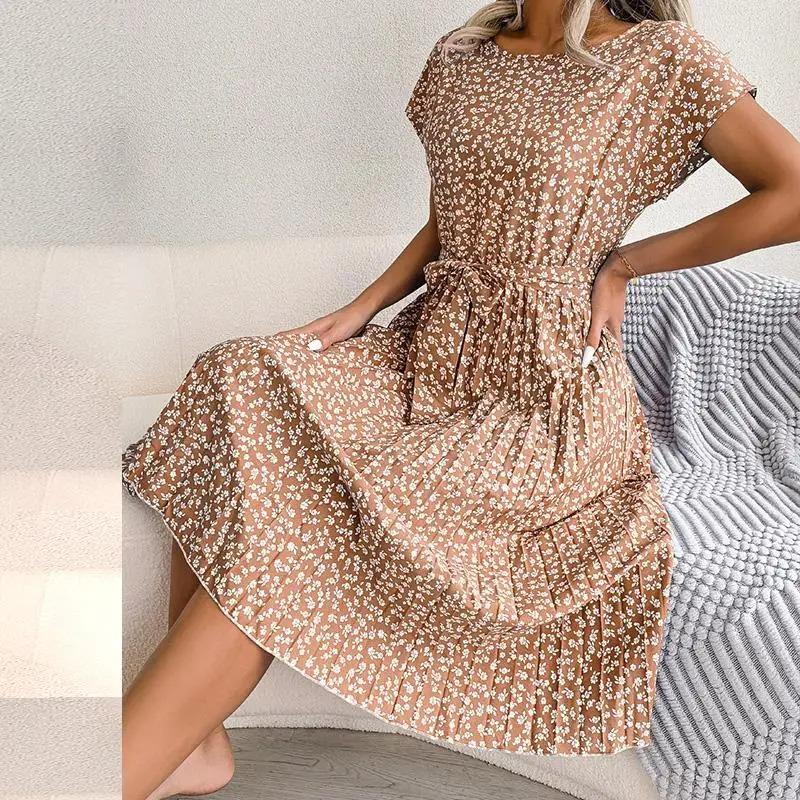 Kvinnor Vår Sommar Kortärmad Hög Midja Chic Klänning Mode Blommig Plisserad A-linje Lång Klänning