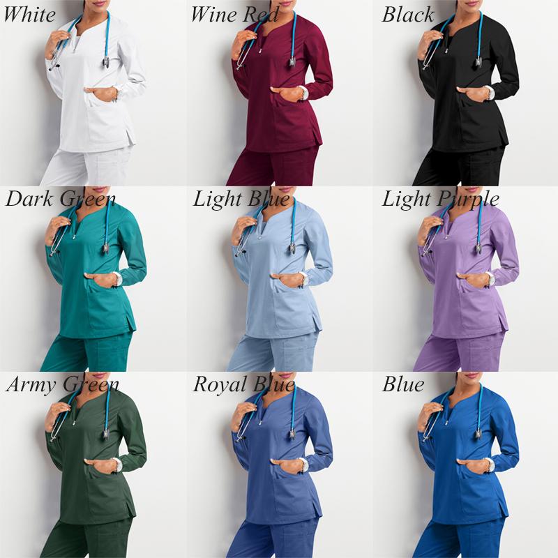 High Quality Unisex Hospital Workwear Long Sleeves Stretch Scrub Top Nurse Uniform V-neck With Pocket