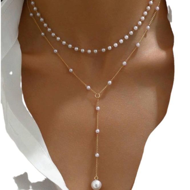 Schmuck, Perlenkette Damen Persönlichkeit Y-förmige Perlenquaste Gestapelte Schlüsselbein-Kette Halskette Schmuck