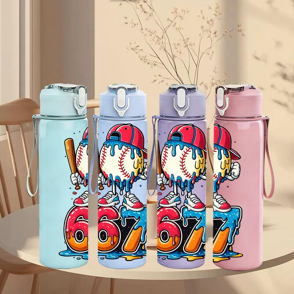 1PC Baseball Boy Cartoon Character Print 750ml Color Plastic Sports Water Bottle Leakproof Flip Straw Lid Suitable for Sports Office Home Use