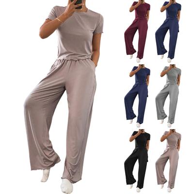 Women's Fall Two Piece  Outfits Long Sleeve Tops Tee Shirts Wide Leg Pants Sets