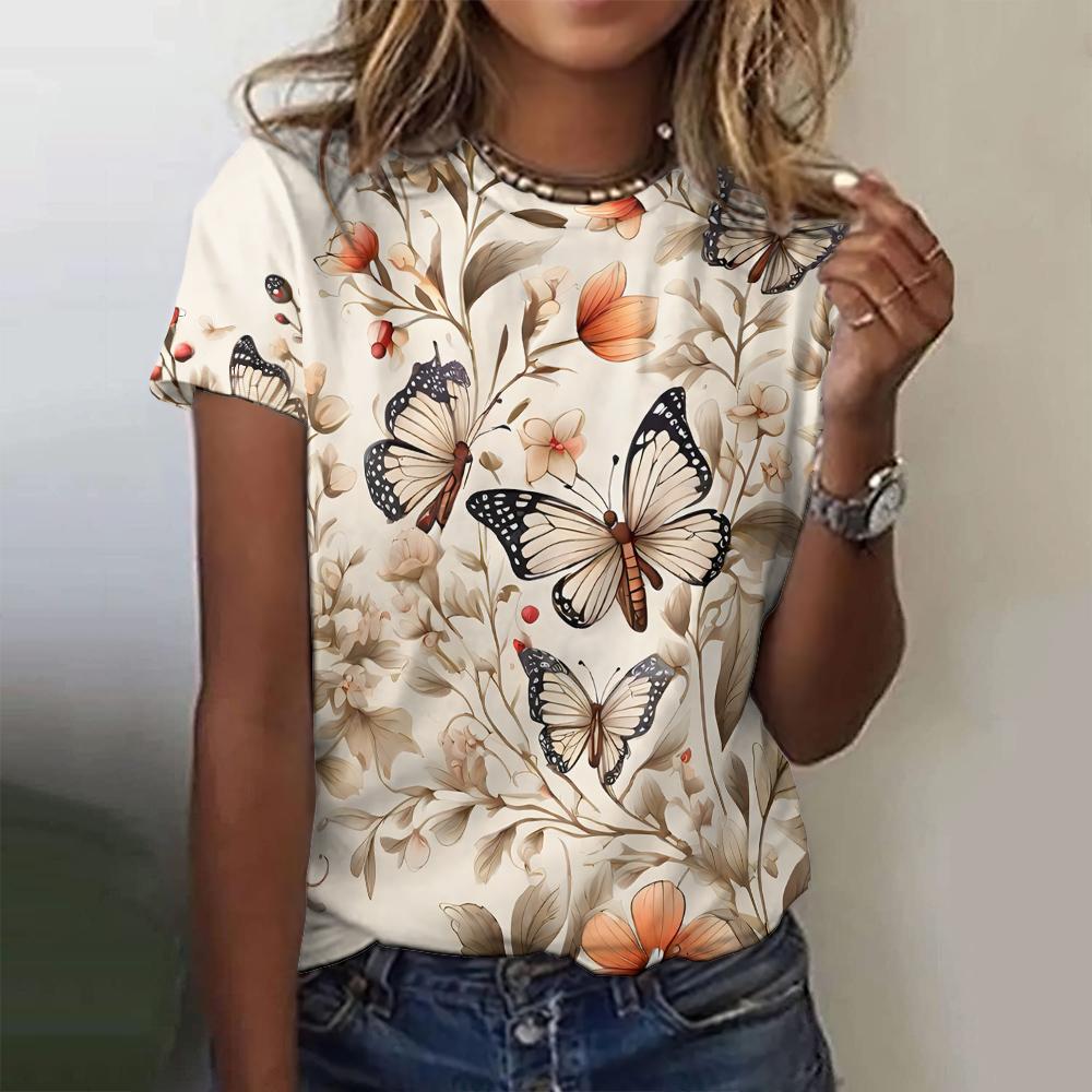 Summer Round Neck 3D Butterfly Printed Top Fashionable Casual Short Sleeved Women's T-shirts