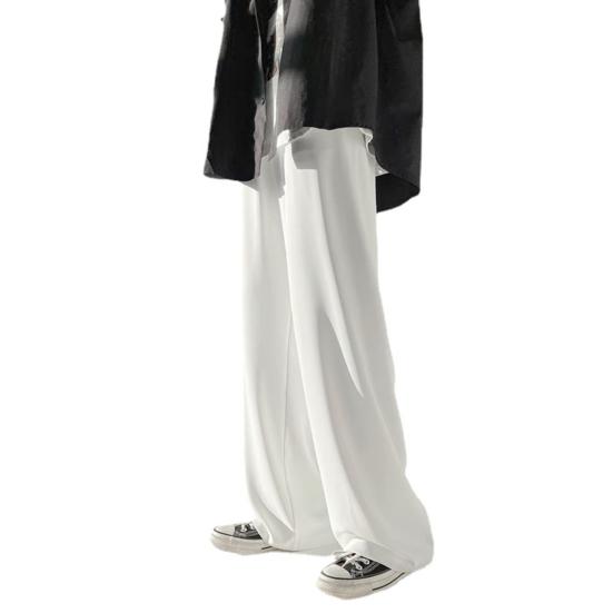 Summer Men Pants Solid Color Elastic Waist Anti-wrinkle Draping Wide Leg Trousers Streetwear