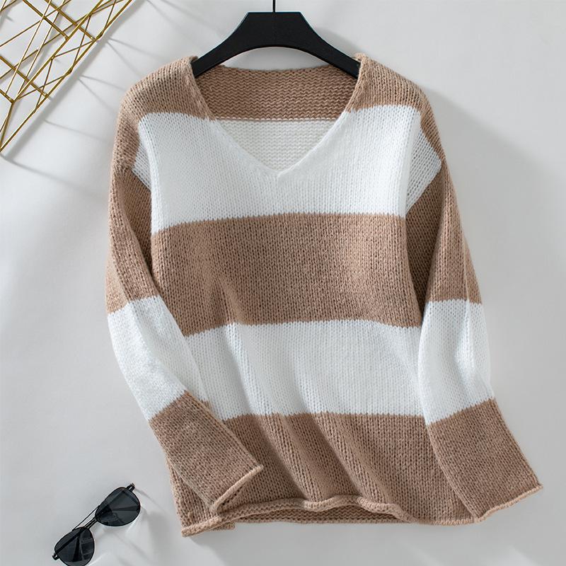 New autumn and winter casual sweaters European and American contrast striped V-neck off-shoulder sweaters for women