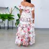 Women's Summer Round Neck Long Sleeve Printed Ruffle Long Dresses
