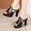 Women Platform Sandals High Heels Genuine Leather Chunky Heels Slipper Sexy Open Toe Pretty Black Shoes Sandals for Women 32-43