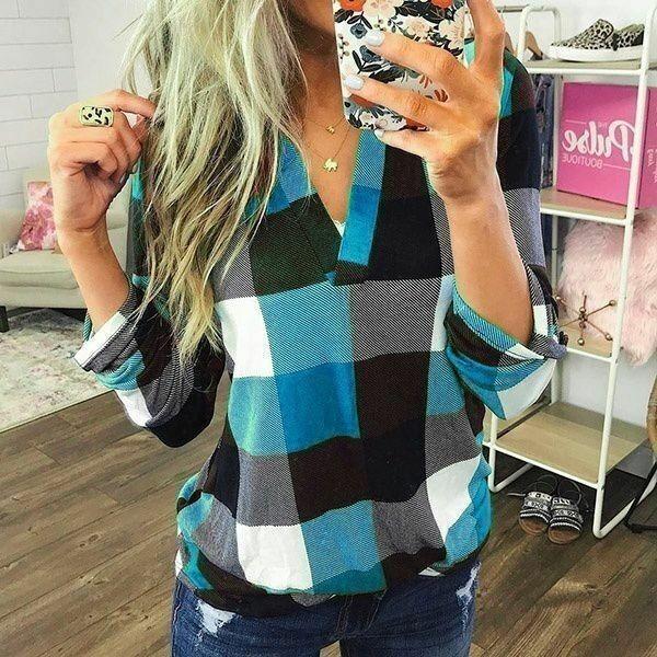 Stylish S-5xl Women's Long Sleeve Plaid T-shirt Blouse With V-neck Design