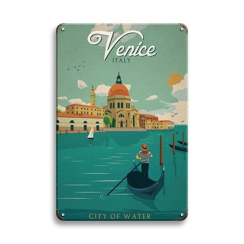 D Flat Metal Sign Vintage Travel Poster Tin Sign Set World Cities Honolulu Malibu Capri Retro Wall Art Home Decor