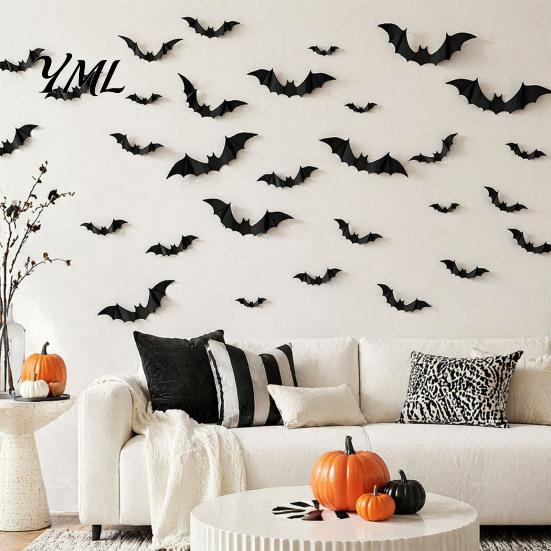 Festive Holiday Wall Accents 3D Bats Decor, Halloween Black Bat Stickers, Waterproof Decorative for Home Scary Plastic DIY Room Decal Indoor