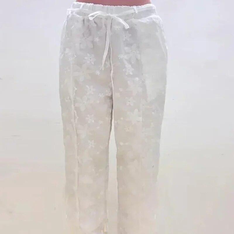 Elegant Loose White Drawstring Straight Trouser Casual Embroidery Cotton Linen Ankle-length Women Pants Elastic Waist Pant 26162
