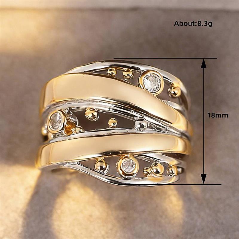 Huitan Geometric Design Women Two Tone Ring Inlaid Shining Cubic Zirconia Hollow Party Daily Special Style Accessories Jewelry