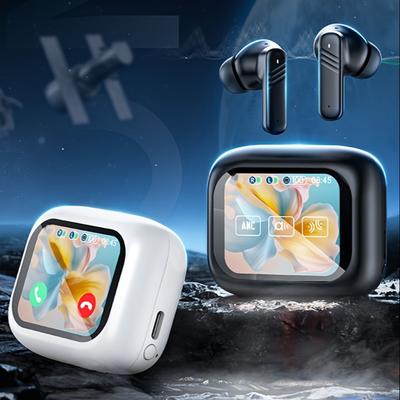 Active Noise Cancelling Earbuds ANC with Smart Touch Screen, TWS True Wireless Ear Buds Earphones