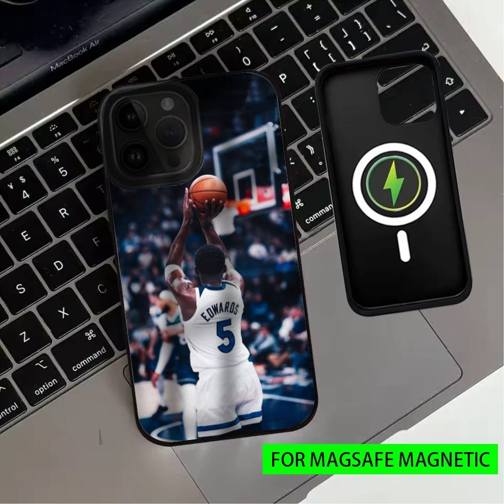Coque de téléphone pour iPhone 17, 16, 15, 14, 13, 12, 11 Plus, Pro Max, Magnétique pour Magsafe, Chargement sans fil, pour la star de basket-ball A-Anthony Edwards