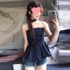 American Retro Contrasting Color Plaid Tube Top Women's Spring Wear Ruffle Edge Slim and Thin Off-the-shoulder Spice Girl Top