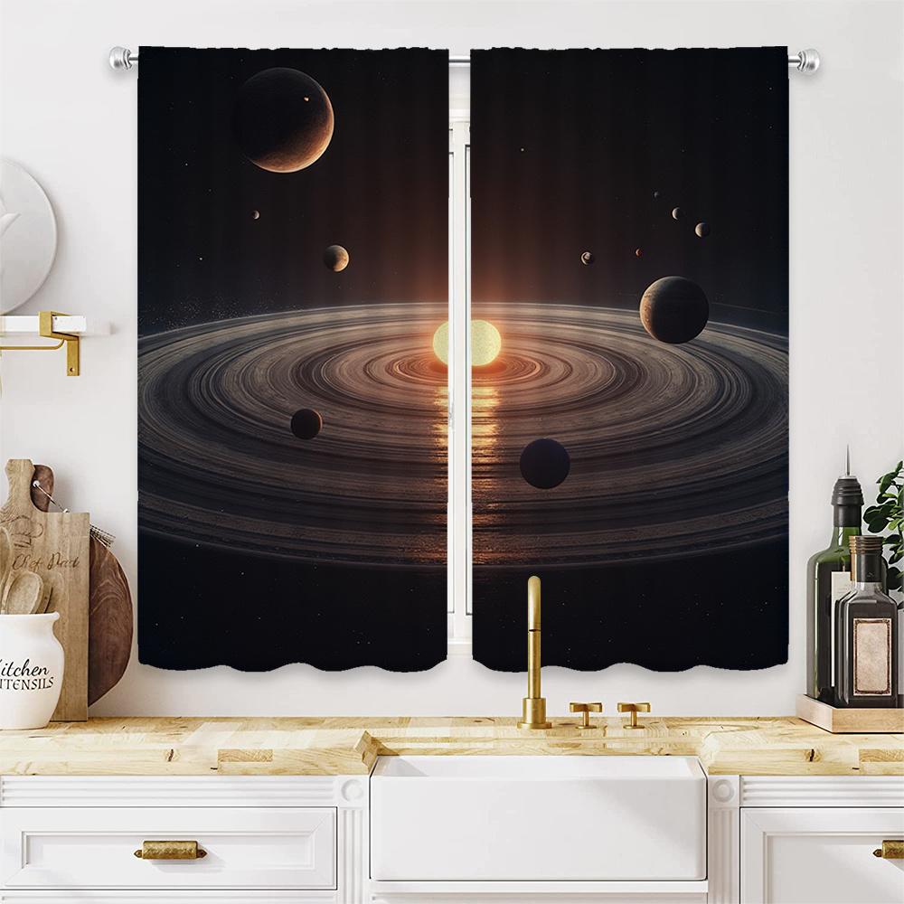 2 Stück Vorhänge mit Weltraum-Motiv - Himmlisches Design mit Sonne   Planeten & Ringen   Semi-transparenter Polyesterstoff   Stangentasche für einfache