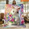 1pc 2D Flat Printing Spring And Summer New Arrival Cute Bunny And Colorful Bouquet Theme Digital Print Blanket, All-Season Use, Casual Throw, 100% Pol