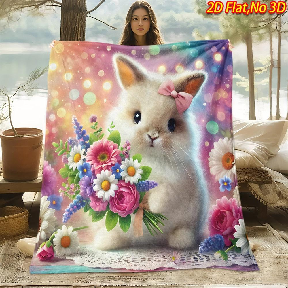 1pc 2D Flat Printing Spring And Summer New Arrival Cute Bunny And Colorful Bouquet Theme Digital Print Blanket, All-Season Use, Casual Throw, 100% Pol