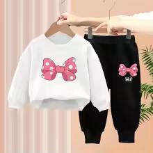 2pc Autumn New Baby Kids Outfit Sweet Bow Print Top with Elastic Waist Pants Girls Boys Two-Piece Set