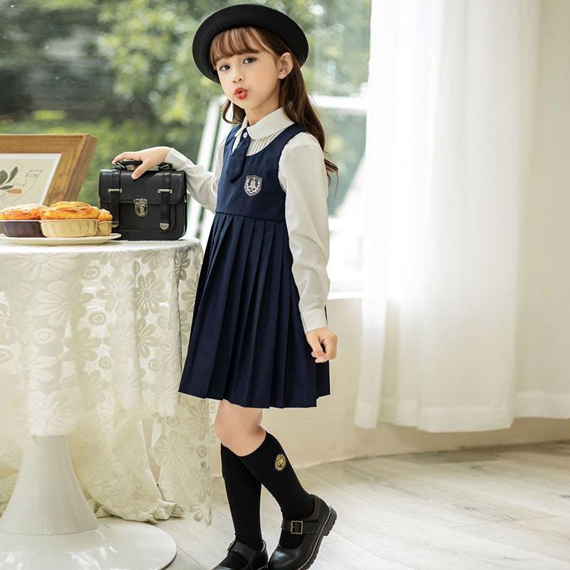 Frühling Herbst Kinder Adrette Kleid Tank Top Plissee Kleider + Label Stickerei Langarm Shirt Mädchen Formale Kleidung Uniformen