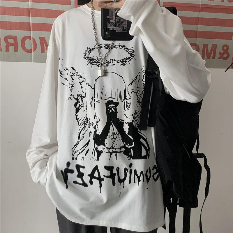 Harajuku Gothic Angle Print T-shirt Women's Streetwear Long Sleeve Black Tops Alt Clothes Pastel Mall Goth Trendy