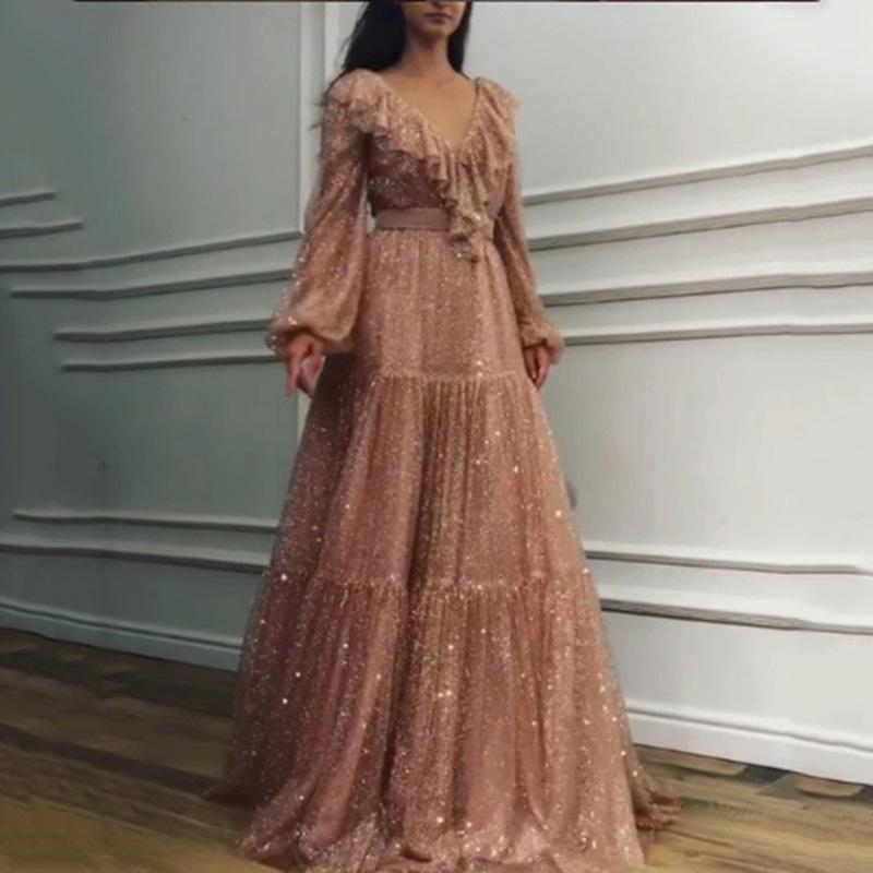 Spring and summer new European and American women's dress sexy long-sleeved V-neck gold pendulum evening dress, long dress