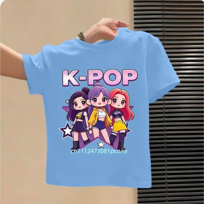 Summer Kpop Popular Cartoon Print Childrens Design Casual Harajuku Style Round Neck Short Sleeved Top Fans Gifts Kids Clothes