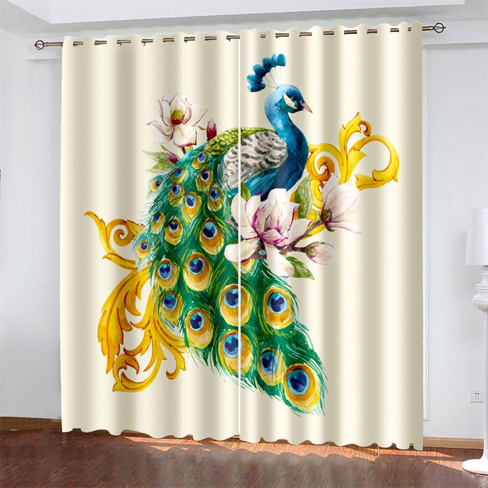 Blue Peacocks Feather Window Curtain Creative White Flowers Butterfly Chinese Style Art Print Modern Bedroom Home Decor Curtains