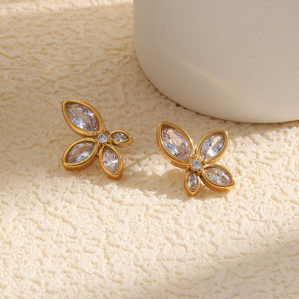 European and American Fashion Niche Geometric Personality Stainless Steel Plated with 18K Zircon Flower Earrings for Women
