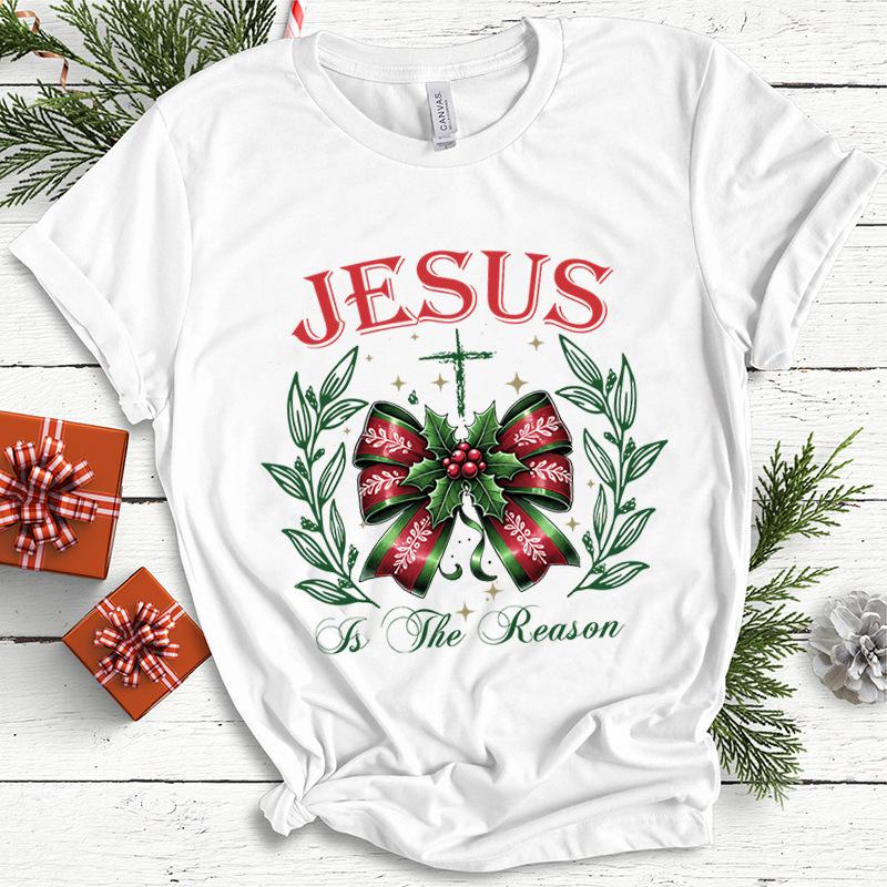Christmas Coquette Bow Christmas Butterfly Print Short Sleeved Casual Loose Round Neck Pure Cotton Short Sleeved Top T-Shirts Women’s