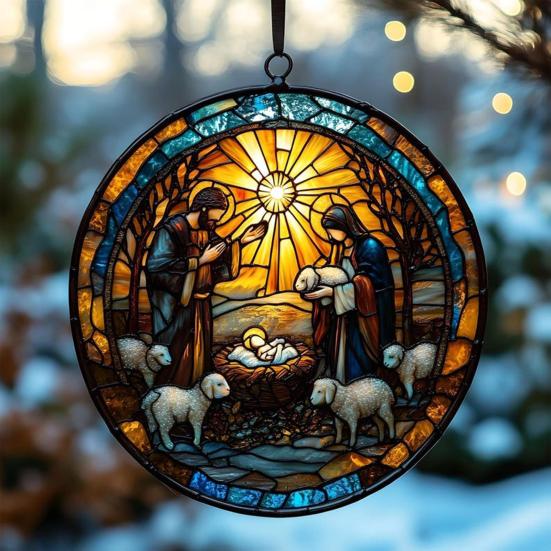 Noel Doğum Sahnesi Süsü El Yapımı Yuvarlak Güneş Yakalayıcı Bebeğin İlk Noel Hristiyan Dini Hediyesi Ağaç Pencere Dekoru