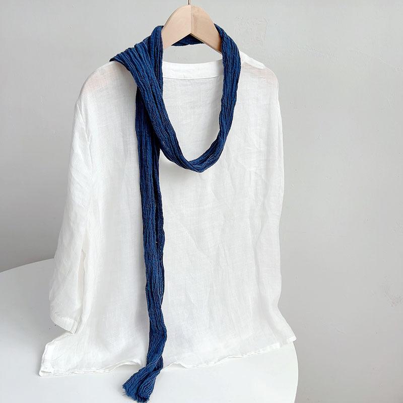 Retro Pleated Ramie Scarf Slender Narrow And Long Scarf Japanese Forest Women'S Versatile Elongated Neck Protection Scarf