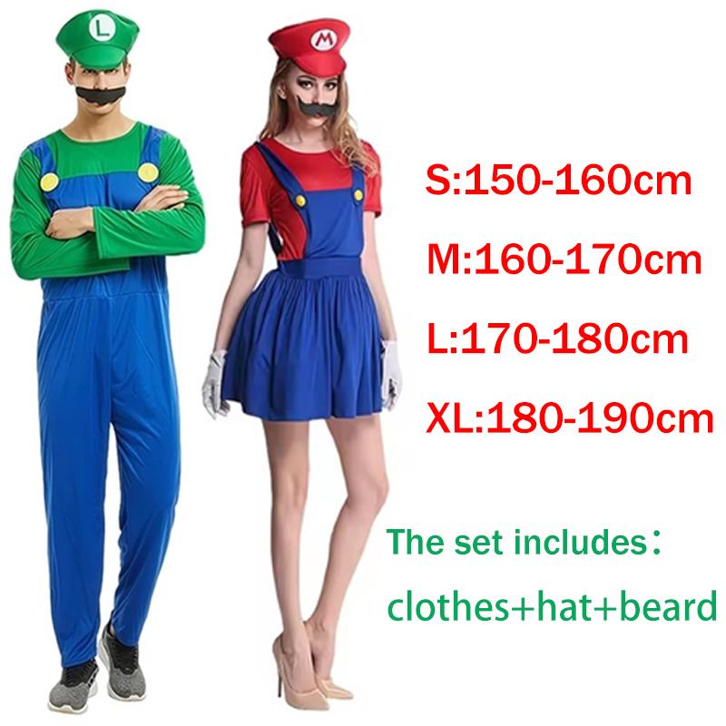 Anime Super Mario Bros Cosplay Costume Mario Luigi Costume Jumpsuit Hat Beard Sets Halloween Party Role Play Costumes For Unisex