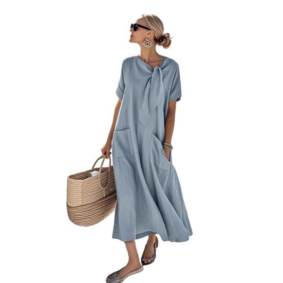 Women Summer Long Dress Tie Neck Short Sleeve Flowy Beach Sundress Casual Loose Vacation Long Dress with Pockets