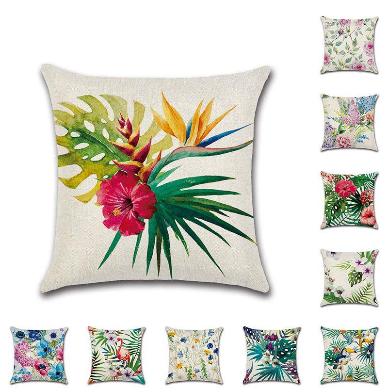 Chic 18'' Green Tropical Plant Cotton Linen Decorative Cushion Cover For Modern Homes