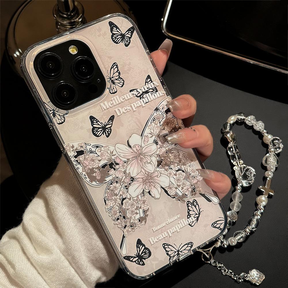 Double-layer Dream Rose Butterfly Iphone15 Hanging Chain 17promax Suitable for 16 Apple 14 Mobile Phone Case 11 Fairy