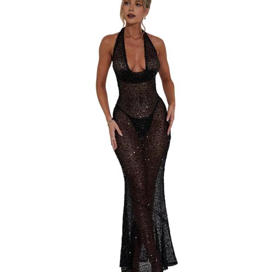Dámské průsvitné síťované maxi šaty třpytivé flitry průhledné halter dlouhé šaty hluboký výstřih do V bez zad bodycon šaty sexy párty outfity
