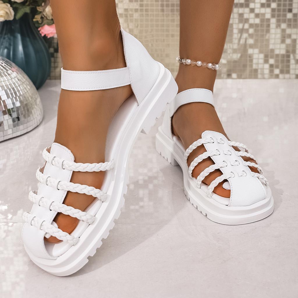 Retro Damen Plateau Schuhe Neue Einfarbig Offene Zehen Sandalen 2025 Lässige Sommerschuhe Damen Schnalle Flach Komfort Weiche Damen Sandalen