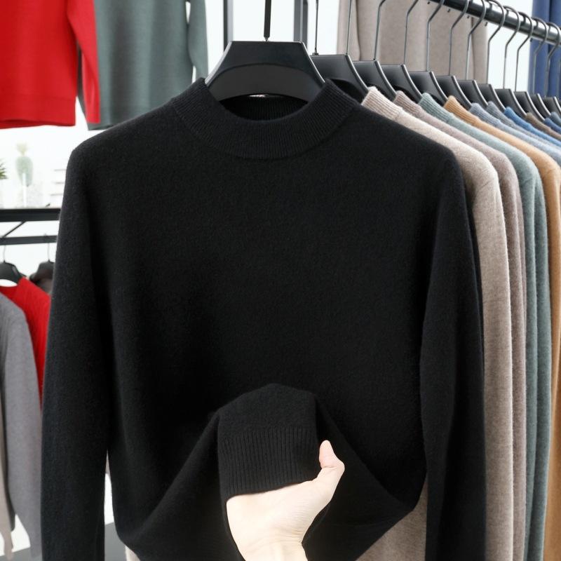 Men's Wool Sweater 100 Pure Men's Autumn and Winter Sweater, Semi High Neck, High-end Feeling, Casual Base Knit Sweater