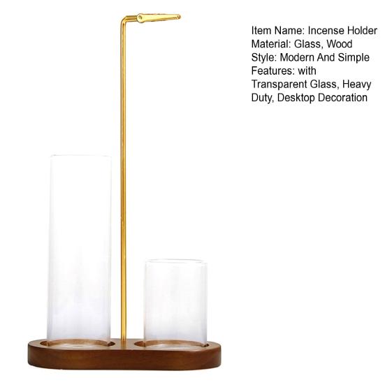 Porte-encens avec récupérateur de cendres en verre transparent Base en bois Brûleur d'encens avec clip Décoration pour la maison, le bureau, le bureau, le yoga, la méditation