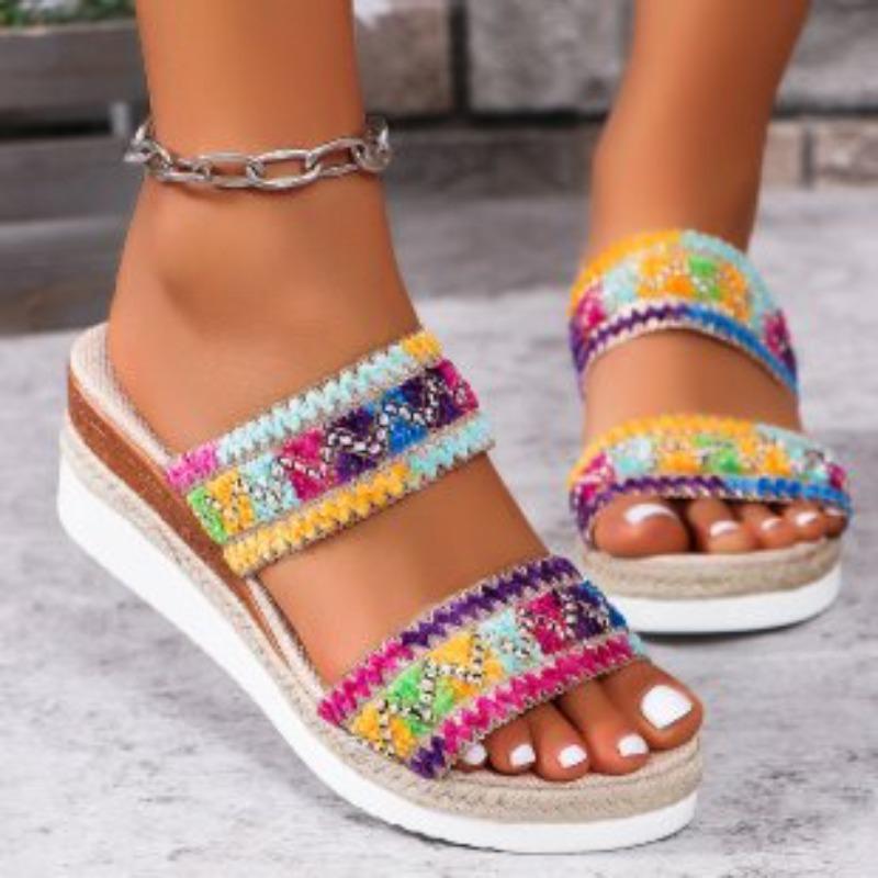 Summer New Women's Wide Width Boho Sandals,Flat Toe Canvas Jute Wedge Slip-Resistant Straps Plus Size Casual Shoes