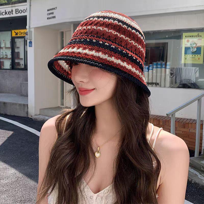 Cappello a secchiello estivo colorato in maglia da donna - Alla moda, Design traforato, Versatile, Protezione solare per viaggi all'aperto