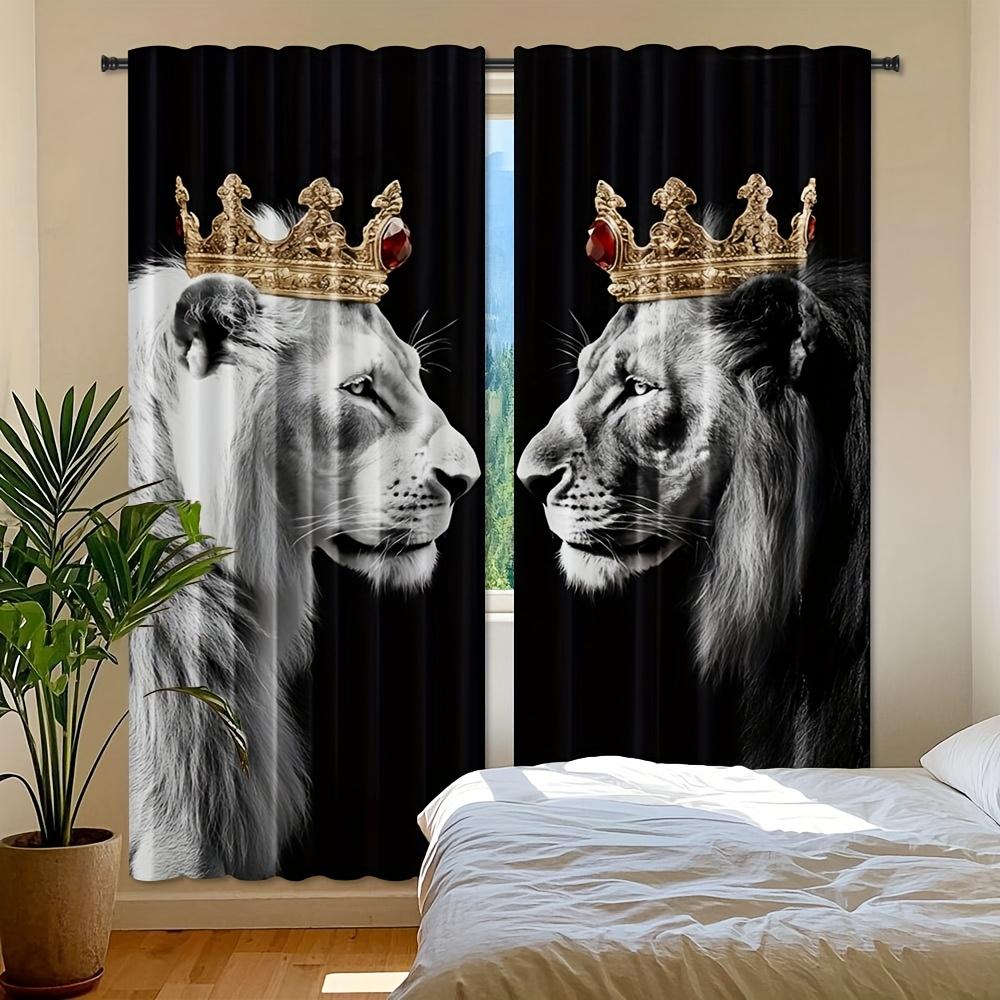 2pcs Crown Tiger Lion Style Door Curtains - High-Quality Polyester, Machine Washable, Rod Pocket Easy Install, Semi-Translucent
