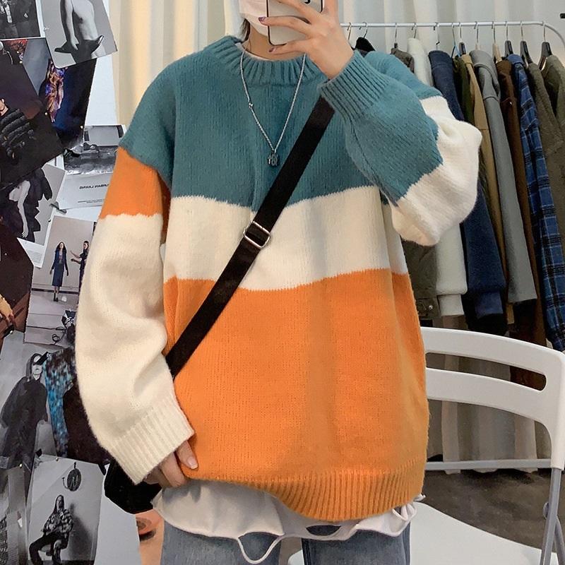 Color Block Rundhals Pullover Herren Lockerer Schnitt Lässiger Strick Pullover Jumper