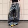 Men Women Wide Leg Straight Cut Denim Pants With Contrast Waistband Vintage Washed Cotton Blend Casual Trousers