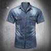 Vintage sprane koszule dżinsowe męskie Slim Casual odzież męska z krótkim rękawem dżinsy letnia koszula męska