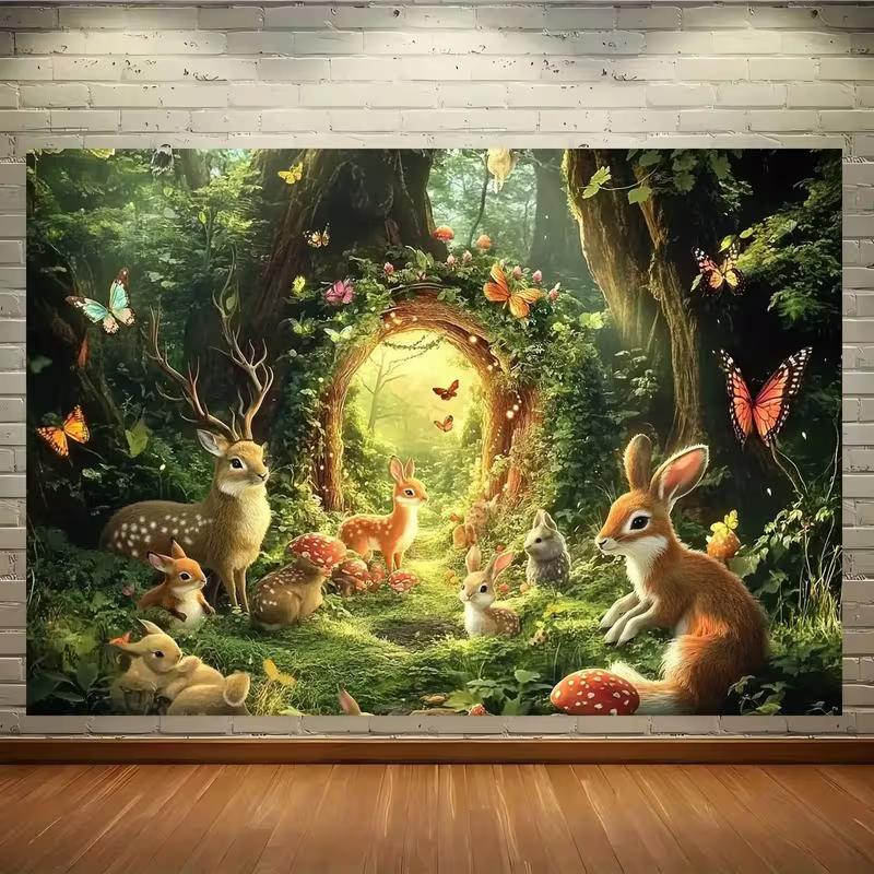 Snový Začarovaný Lesní Gobelín, Osvětlený Kouzelný Les s Rodinou Jelenů, Králíky a Motýly, Pohádkové Nástěnné Umění